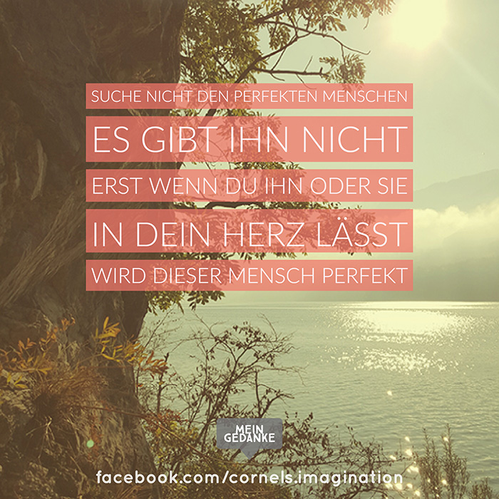 Suche nicht den perfekten Menschen. Es gibt ihn nicht. Erst wenn du Ihn oder Sie in dein Herz lässt wird dieser Mensch perfekt